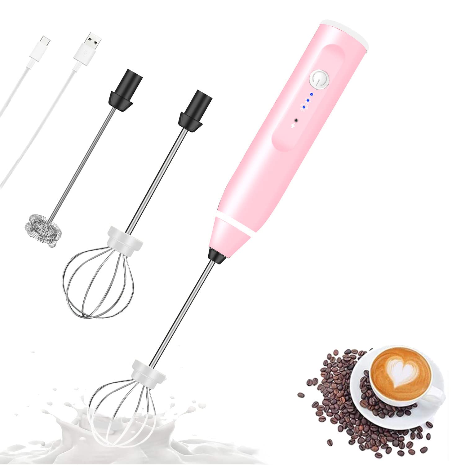 Immersion Blender,Milk Frother Handheld Foam Maker Usb Rechargeable Coffee Frother With 2 Stainless Whisks,3-Speed Adjustable Mi