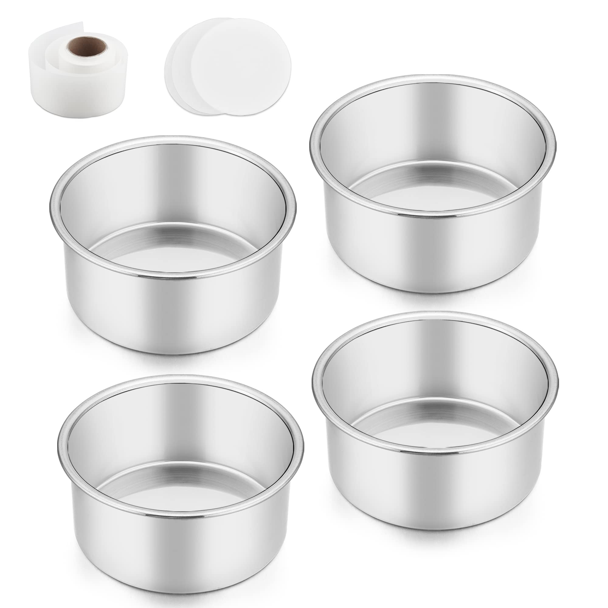 Teamfar 4 Inch Cake Pans, Stainless Steel 4 Pcs Small Round Cake Pan Set For Baking Roasting, Non-Toxic & Sturdy, Non-Stick & He
