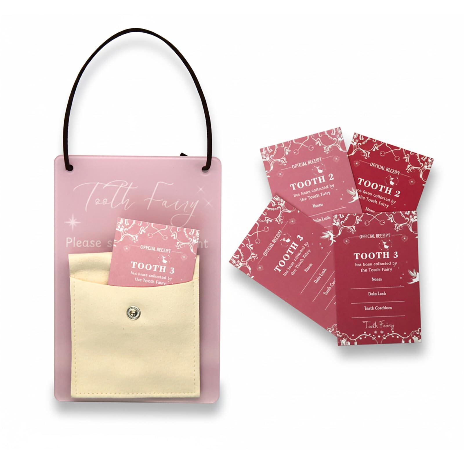 Acrylic Tooth Fairy Door Hanger with Tooth Pouch & 20 Rainbow Tooth Receipts - Tooth Fairy Holder Keepsake Gift for Kids  Lost T