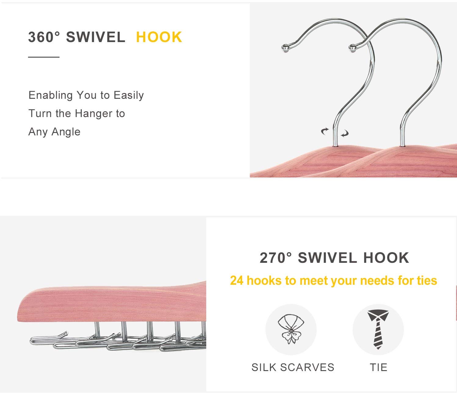 Topia Hanger American Red Cedar Wooden Tie Racks For Closet, 24 Tie Hangers Organizer, High-Grade Space Saving Necktie Holder Fo