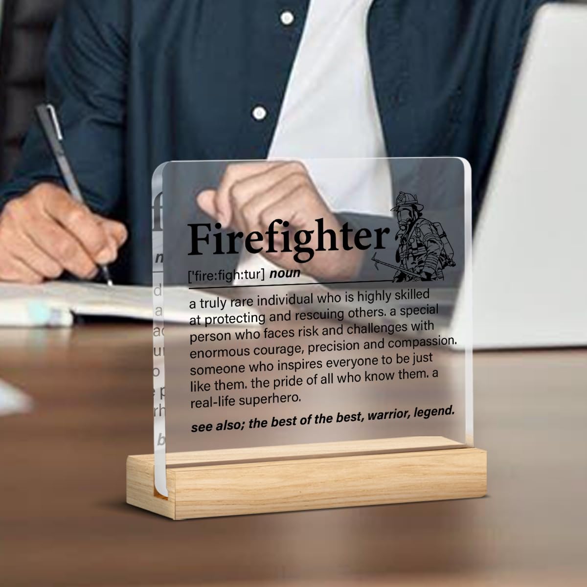 Firefighter Gifts for Women Men, Fireman Gifts, Firefighter Definition Clear Acrylic Desk Decorative Sign for Home Office, 4 x 4