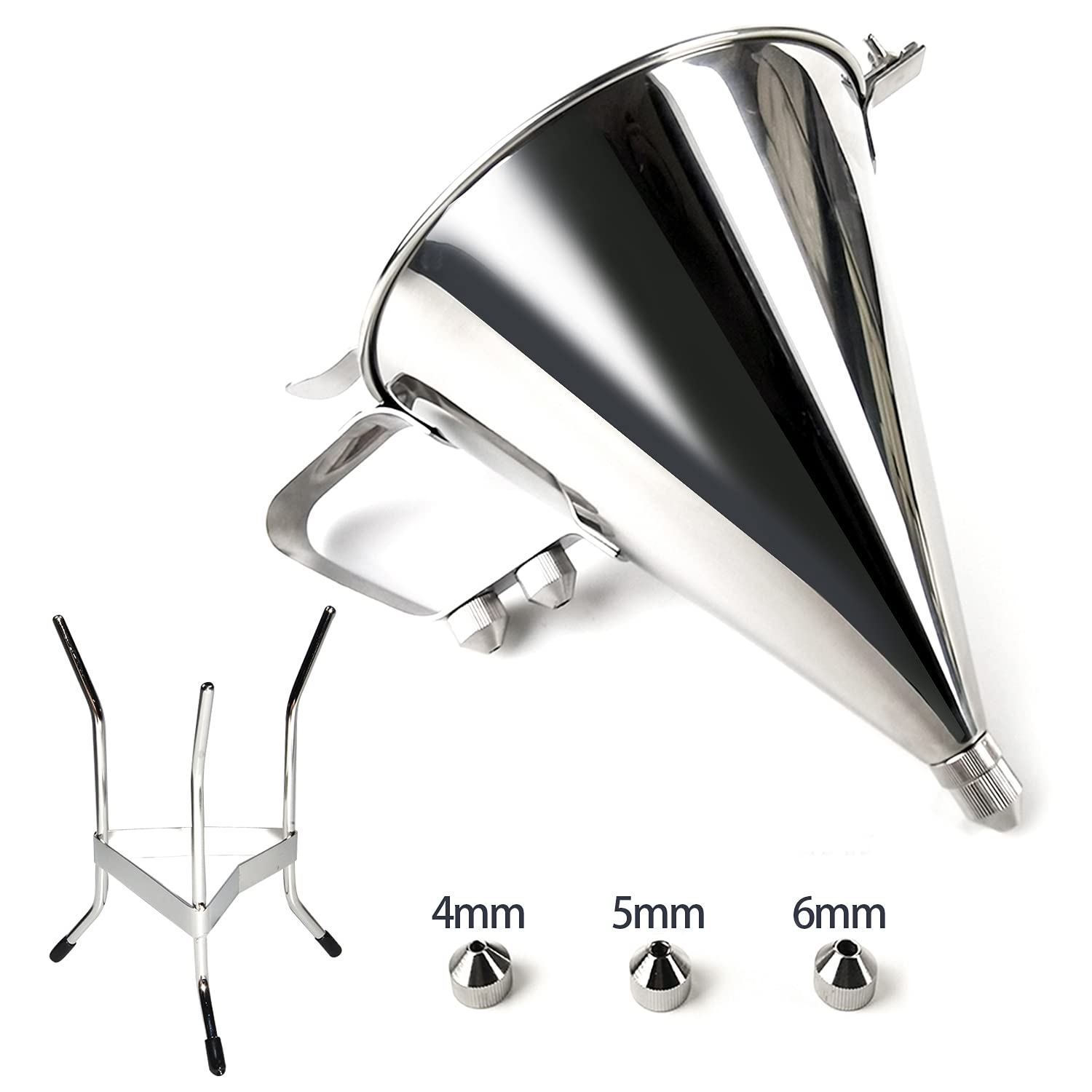 Myoyay Commercial Stainless Steel Funnel Dispenser, 1800Ml Extra Large Capacity Pancake Batter Dispenser With Stand And 3 Nozzle