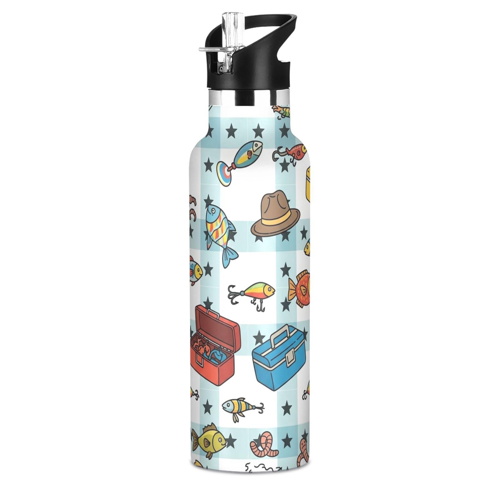 VIGTRO Fishing Themed Pattern Kids Water Bottle Vacuum Insulated Stainless Steel Boys Girls Sports Bottle with Straw Lid & Handl