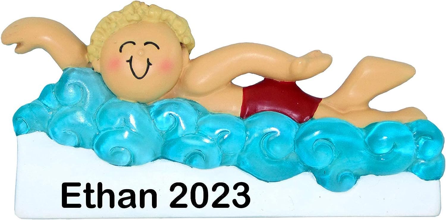 HOBBY HOME ACCESSORIES Personalized Learning to Swim Boy Christmas Tree Ornament 2023 | Yellow Hair Young Child Freestyle Practi