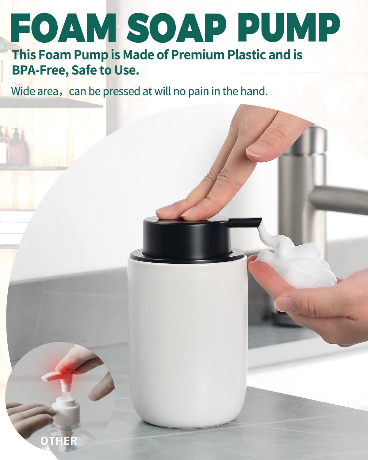 Bosilunlife Foaming Soap Dispenser - Ceramic White Soap Dispenser Bathroom Small Foam Hand Soap Dispenser Refillable Kitchen Dis