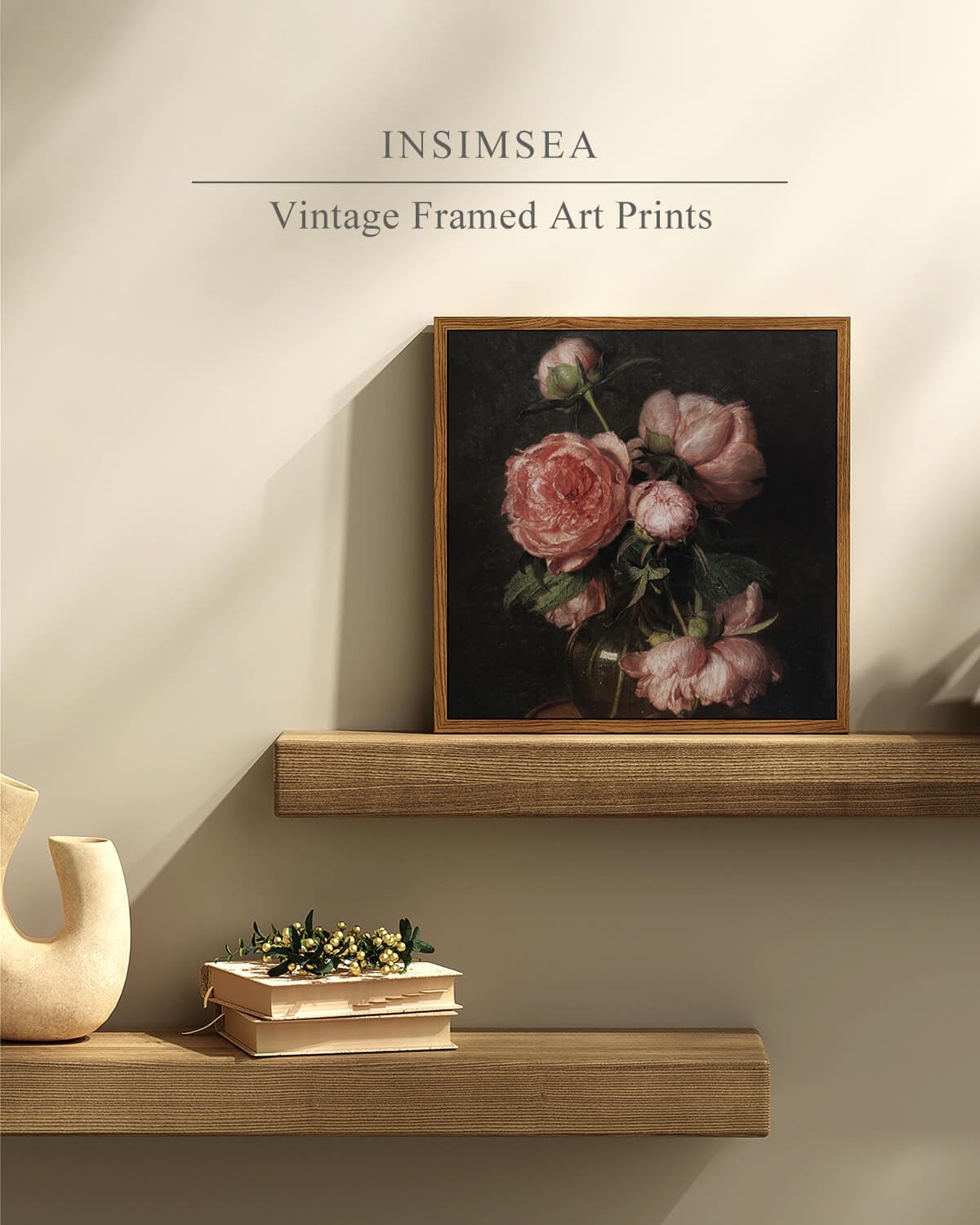 Insimsea Square Framed Canvas Wall Art, Flower Farmhouse Prints Vintage Floral Wall Art Peony Paintings Wall Prints, For Living