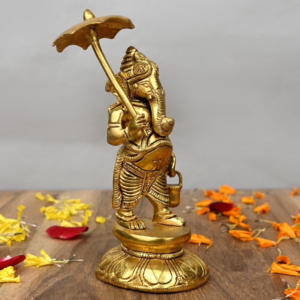 Sunpic 100% Pure Brass Lord Ganesha Ganpati With Umbrella And Kamandalu Brass Murti Religious Statue Idol Ganesh Murti Home Deco