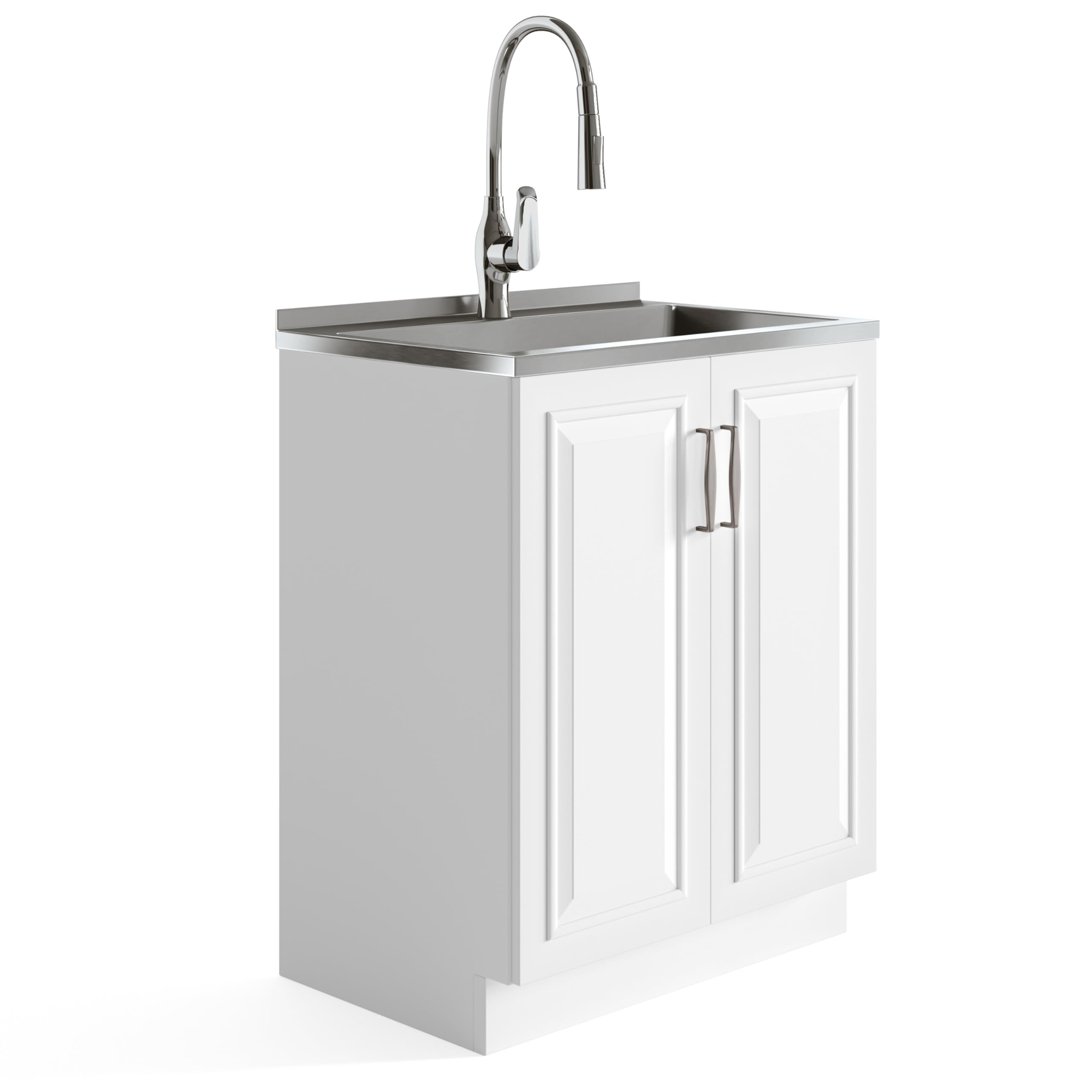 SIMPLIHOME Darwin All-in-One 28 inch Wide Utility Sink and Laundry Cabinet in Pure White Finish, Transitional Stainless Steel Si