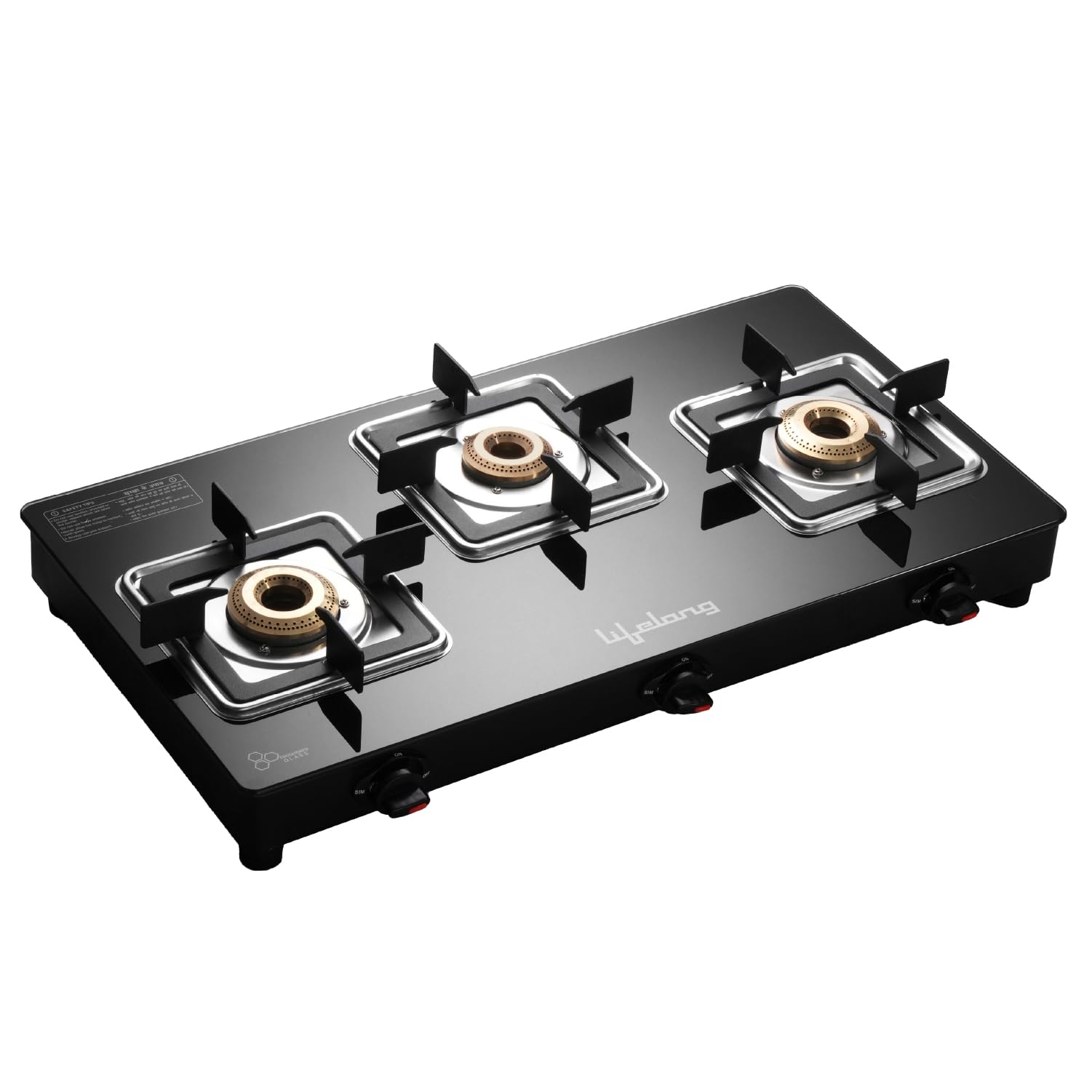 Lifelong 3 Burner Gas Stove For Kitchen | Square Shape Pan Support Manual Ignition Cooktop | Modern Glass Stove For Modular Kitc