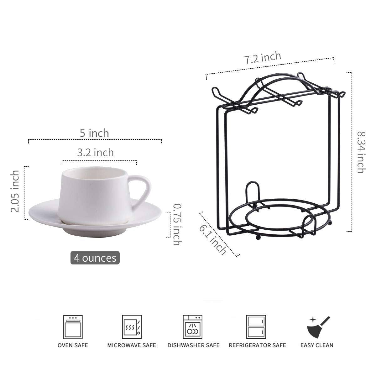 Yhosseun Espresso Cups Set With Saucers And Metal Stand Coffee Cup Set Of 6 4 Oz Cappuccino Cups Teacup For Tea Party - White