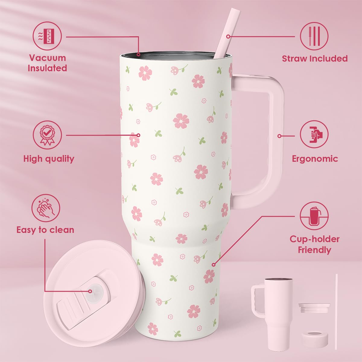 Floral 40oz Tumbler with Handle and Straw - Flowers Insulated Stainless Steel Travel Coffee Mug for Women Girls - Gift Idea for
