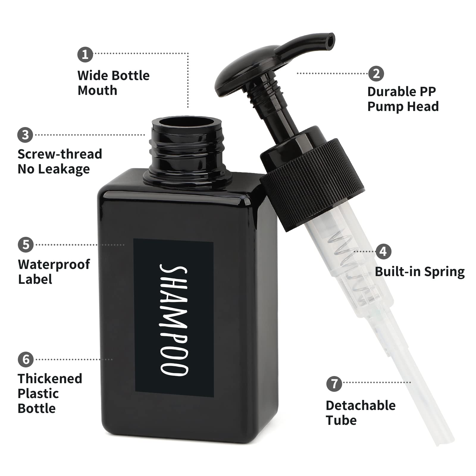 Segbeauty Black Plastic Square Shower Dispenser, 4Pcs 3.4Oz Empty Hand Soap Bottles With Label, 100Ml Refillable Press Pump Port