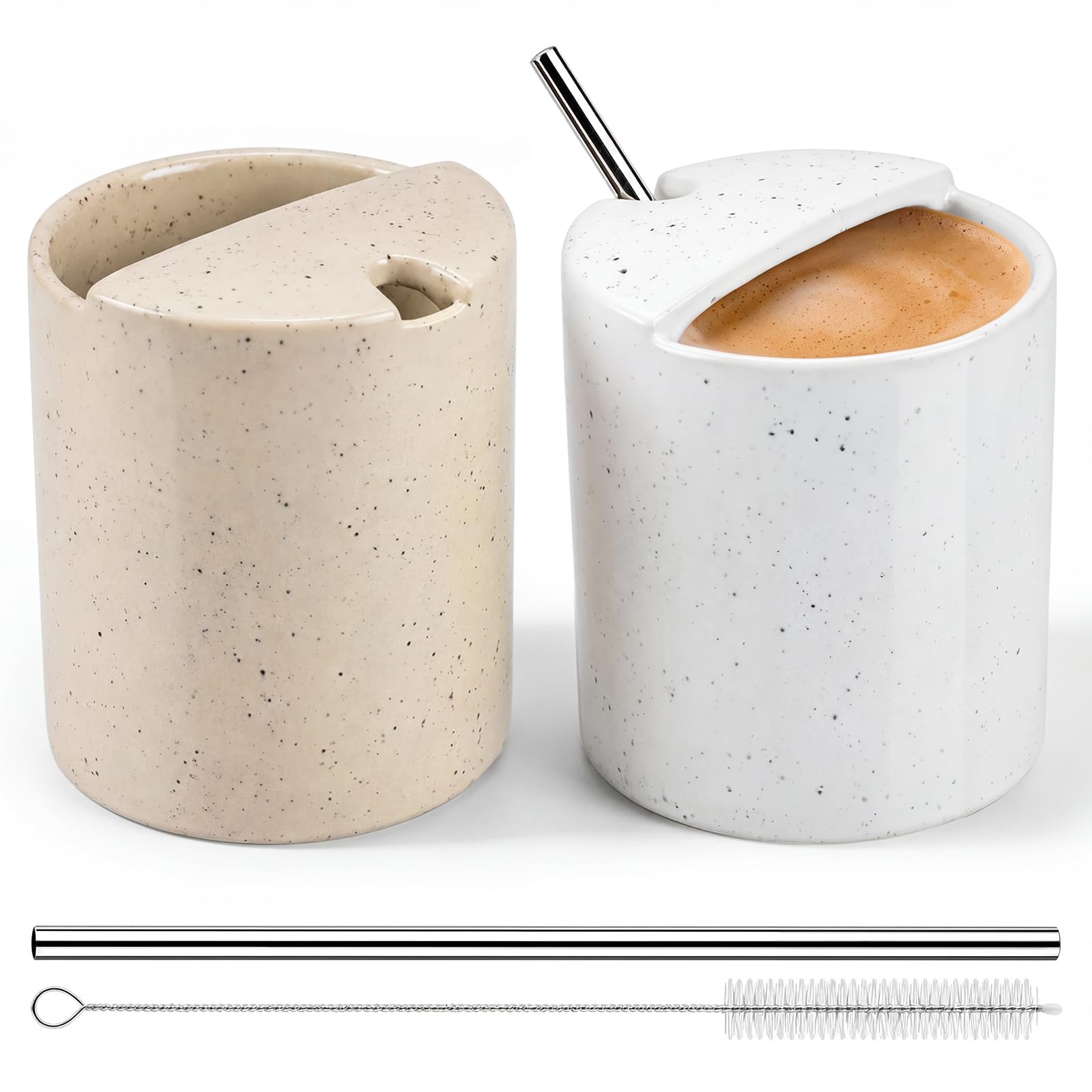 2 Pack Ceramic Coffee Mug with Sip Hole 16 oz Speckled Ceramic Ice Travel Coffee Cups with Straws and Cleaning Brushes Heat Resi