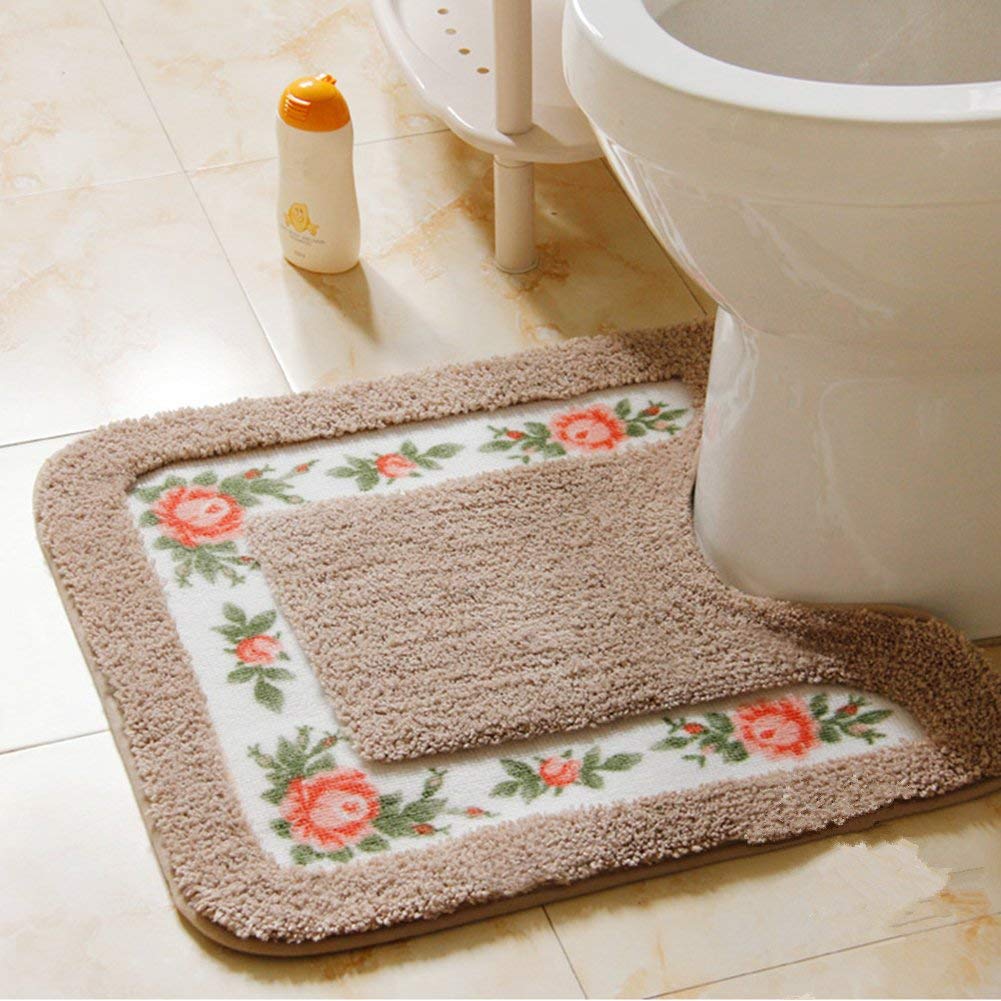 UKELER Bathroom Rugs Floral Rose Bath Mat Set of 2 Non Slip Bath Rugs Soft Shaggy U-Shaped Contour Toilet Rug for Bathroom  Mocha