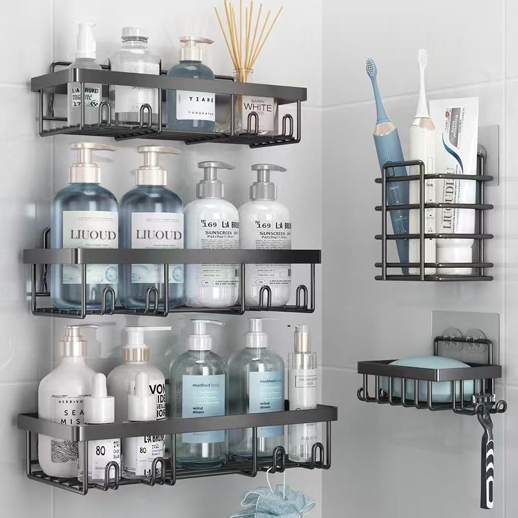 Liuoud 5 Pack Shower Caddy Organizer Rack Shelf for Inside Shower, Self Adhesive Bathroom Wall Storage Basket Rustproof Stainles