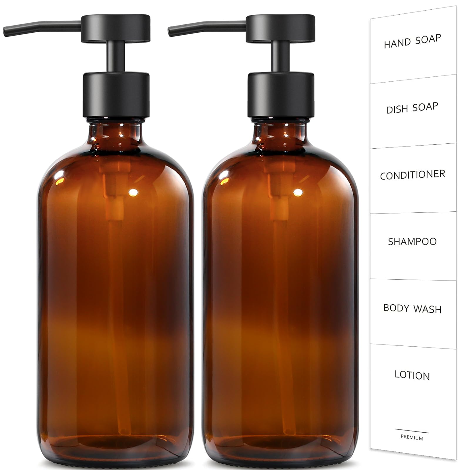 Gmisun Amber Glass Soap Dispenser, 2 Pack Bathroom Hand Soap Dispenser With Stainless Steel Flat Pump, 16Oz Kitchen Hand And Dis