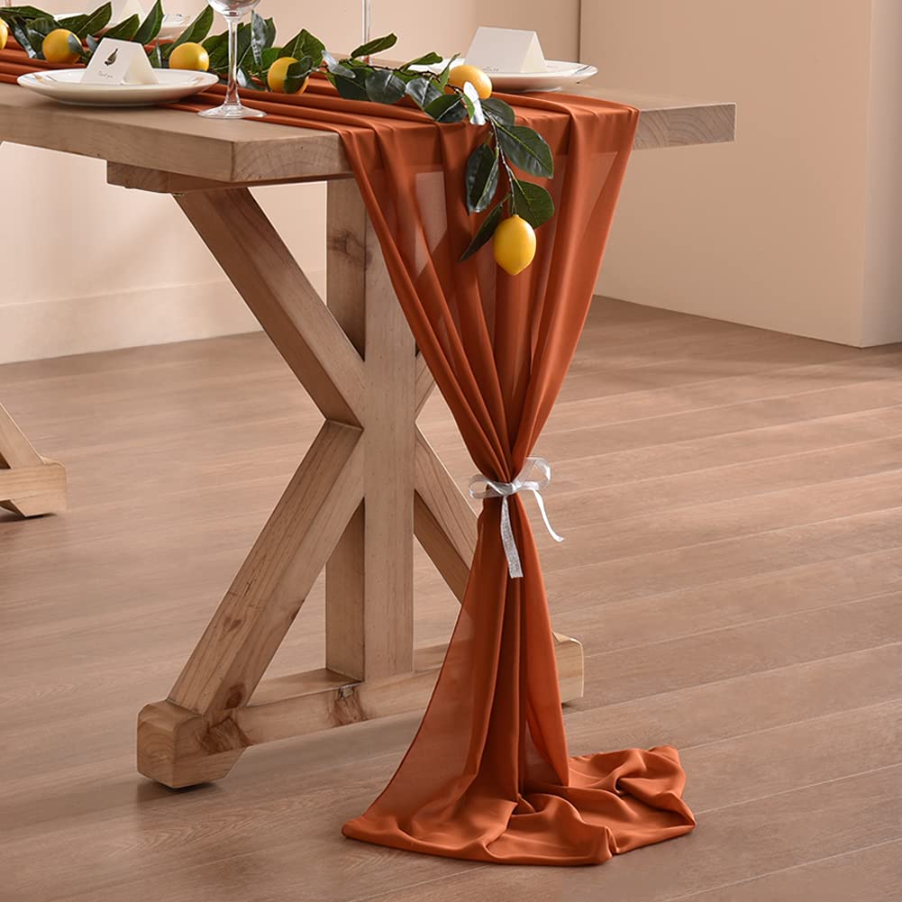Socomi 10Ft Terracotta Chiffon Table Runner 29X120 Inches Wedding Runner Sheer Thanksgiving Christmas Bridal Shower Decorations