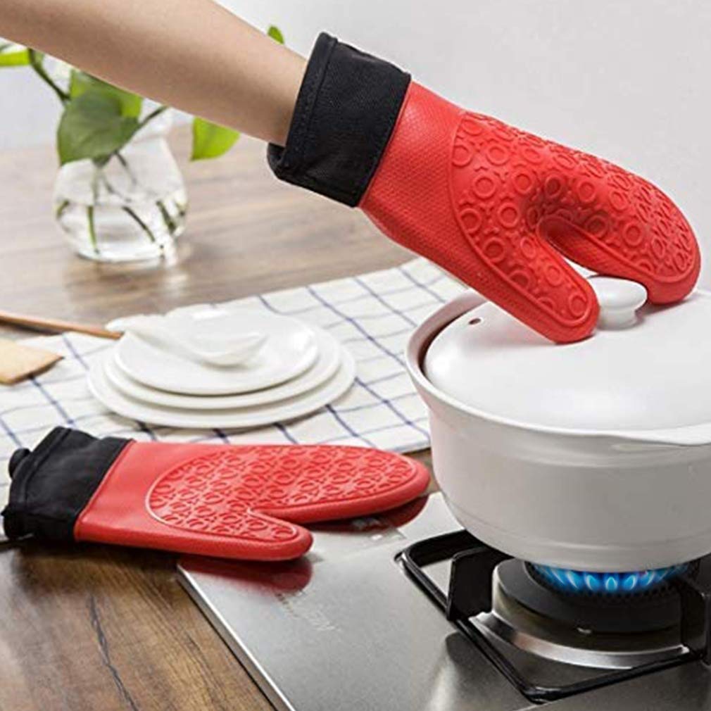 2Pcs Red Black Professional Extra Large Silicone Oven Mitts And Pot Holders Oven Gloves Heat Resistant Gloves Kitchen Mittens Bb