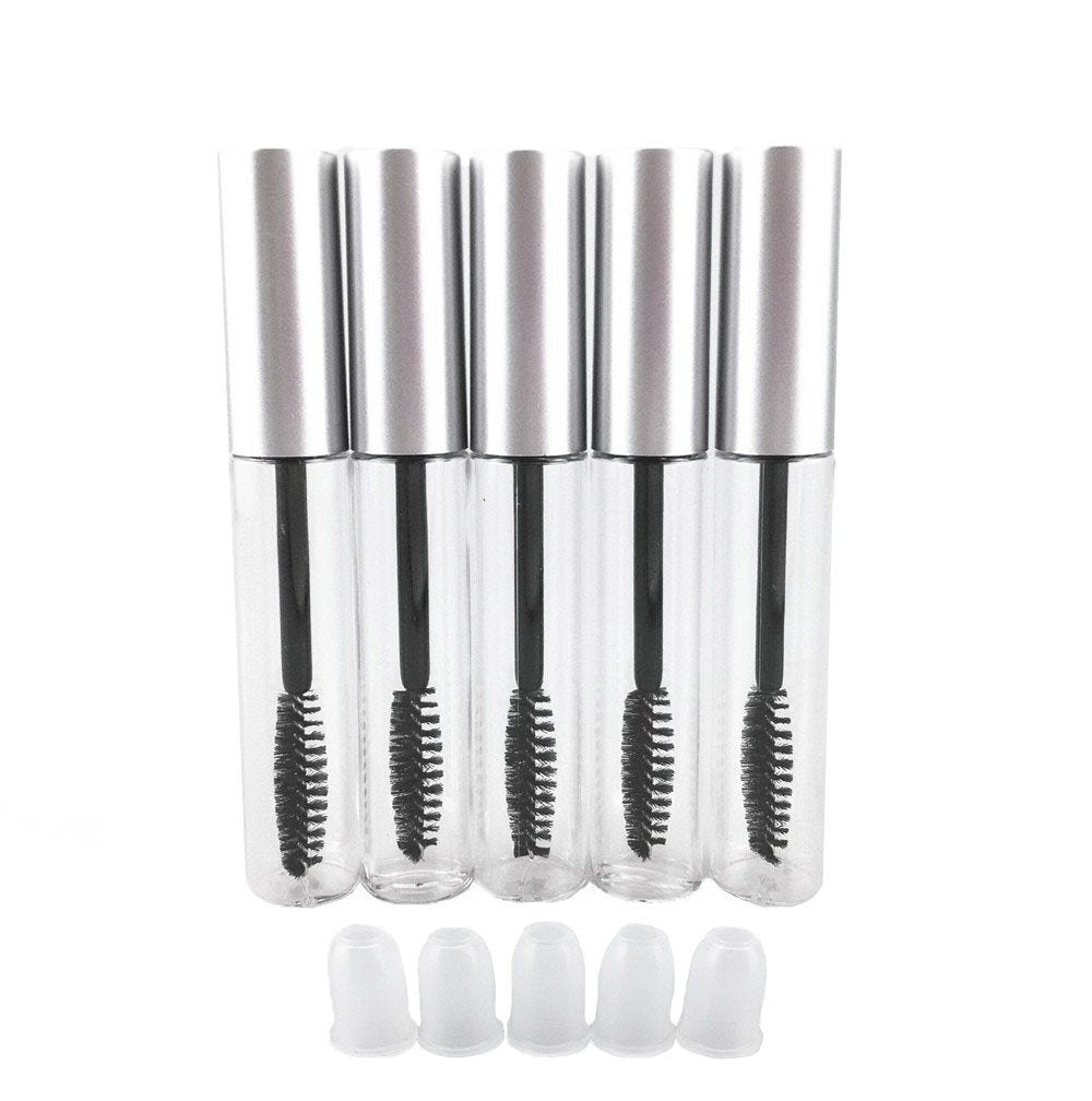 Yueton 5Pcs 10Ml Portable Empty Eyelashes Mascara Vials Bottle Tube Container With Brush For Travel And Home (Silver Cap)