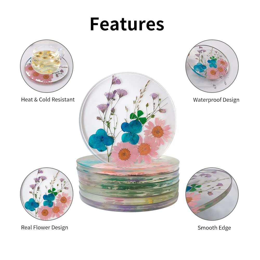 Drink Coasters Flower Cup Mat-Epoxy Resin Coasters With Colorful Natural Floral Reusable Round Kitchen Utensils For Dining Cups