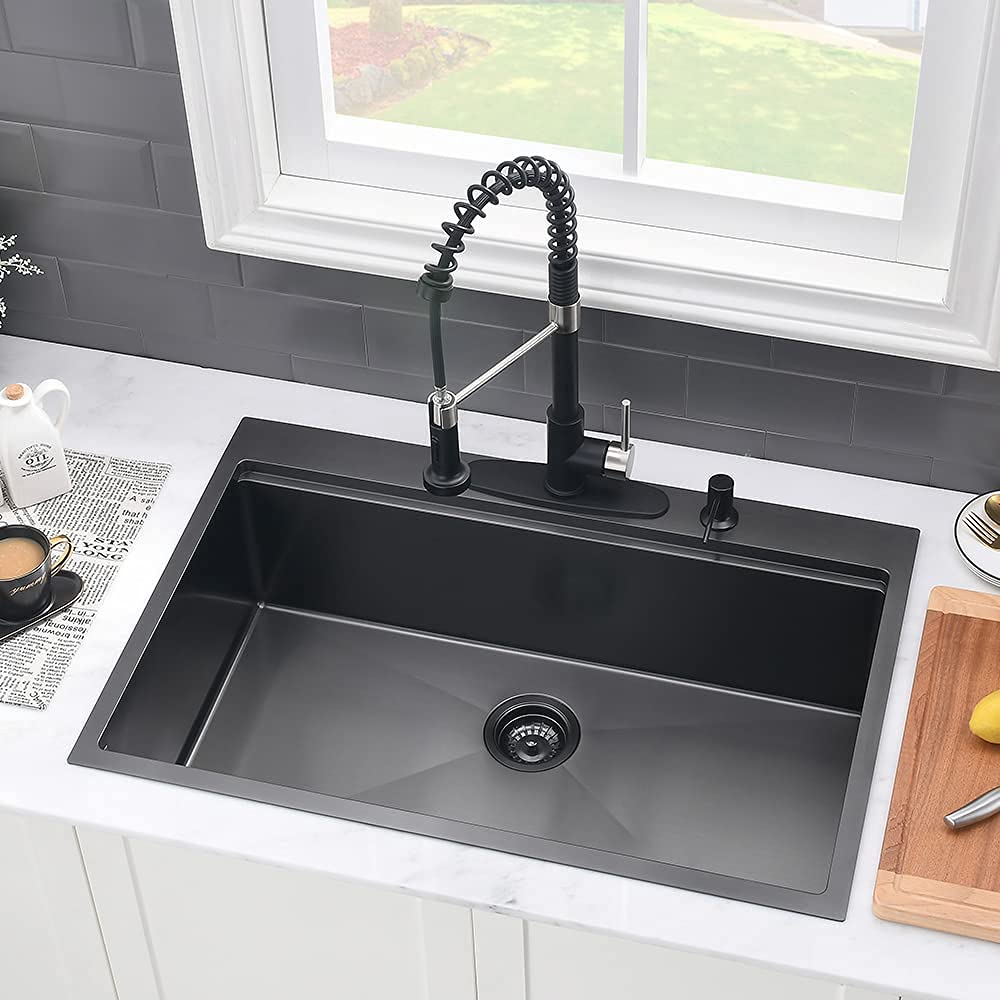 33 Black Drop In Kitchen Sink Workstation-Vasoyo 33X22 Inch Drop In Workstation Kitchen Sink Gunmetal Black Stainless Steel Sink