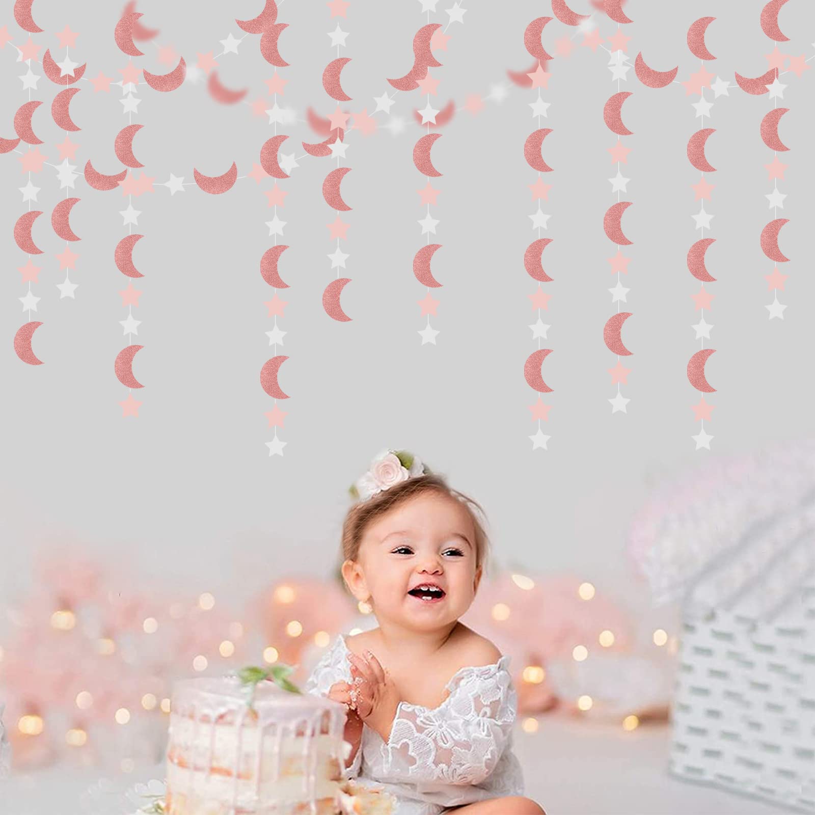 Pink Rose-Gold Moon-Star Party-Decorations Garland - 52Ft Twinkle Little Star Hanging Decoration Streamers Banner, Eid Ramadan M