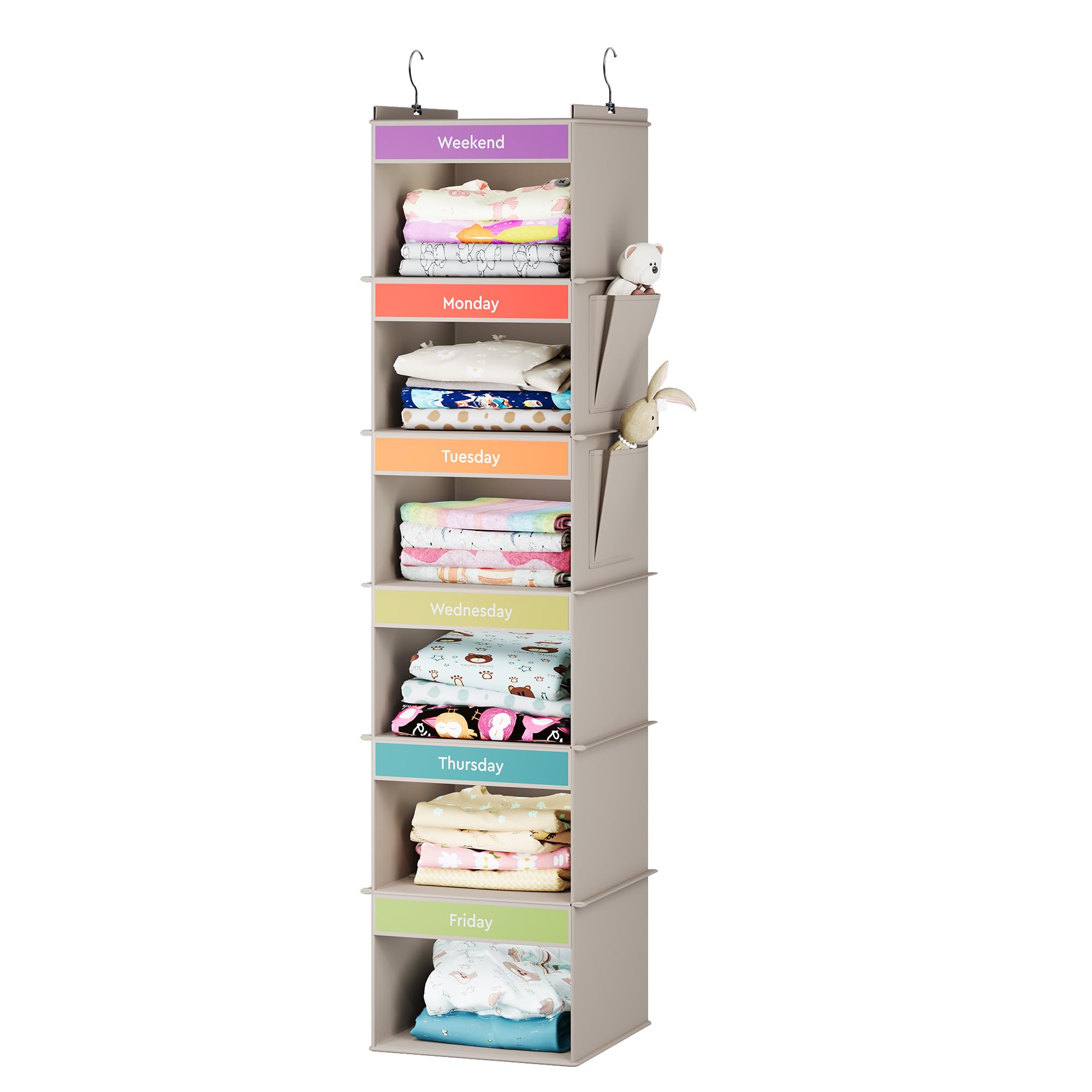 Youdenova 6-Shelf Weekly Hanging Closet Organizer, Weekly Clothes Organizers For Kids With 2 Side Pockets, Light Grey