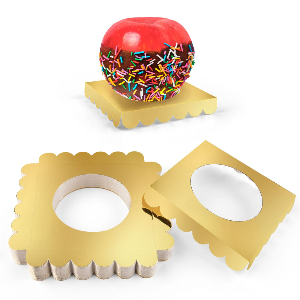 50 Pcs Candy Apple Box Base,Golden Cardboard Taffy Apple Inserts, Square Caramel Apple Wraps Tray, Clearly Diy Candy Apple Holde