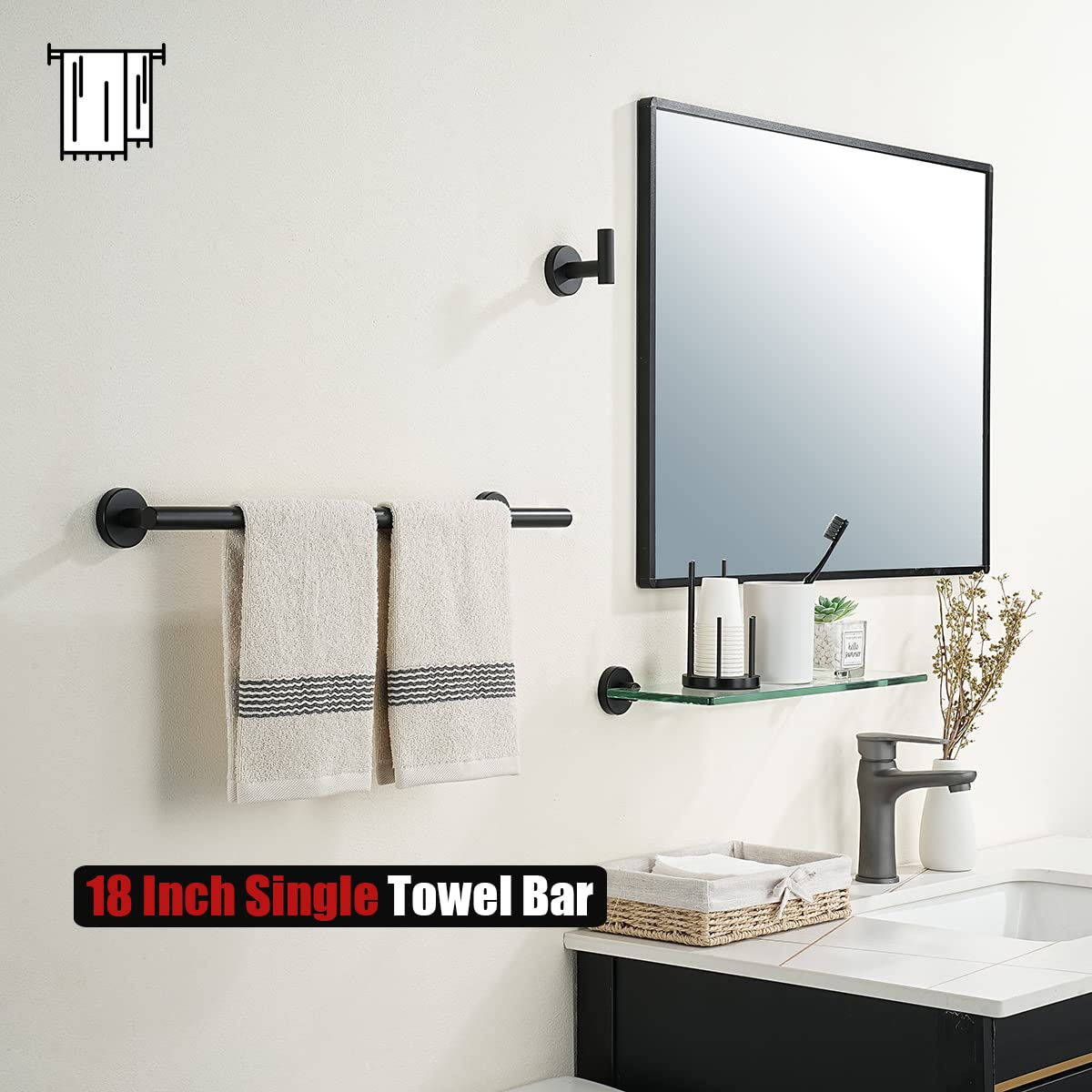 JQK Black Towel Bar  18 Inch 304 Stainless Steel Thicken 0.8mm Towel Rack Bathroom  Towel Holder Matte Black Wall Mount  Total Length 20 Inch  TB110L18-PB