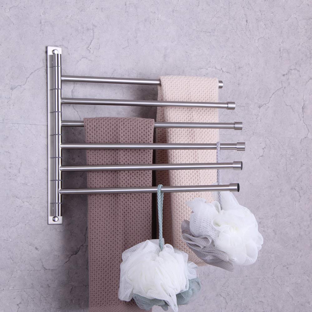 GERZWY Bathroom Swing Arm Towel Bars Wall Mount Bath Towel Rack with 6 Arms Hanger Towel Holder Organizer Brushed Stainless Steel
