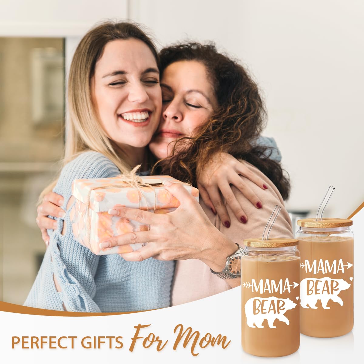 Gifts for Mom from Daughter Son - Mom 16 Oz Can Glass Coffee Cup with Bamboo Lid & Straw - Mothers Gift for Women on Birthday Mo