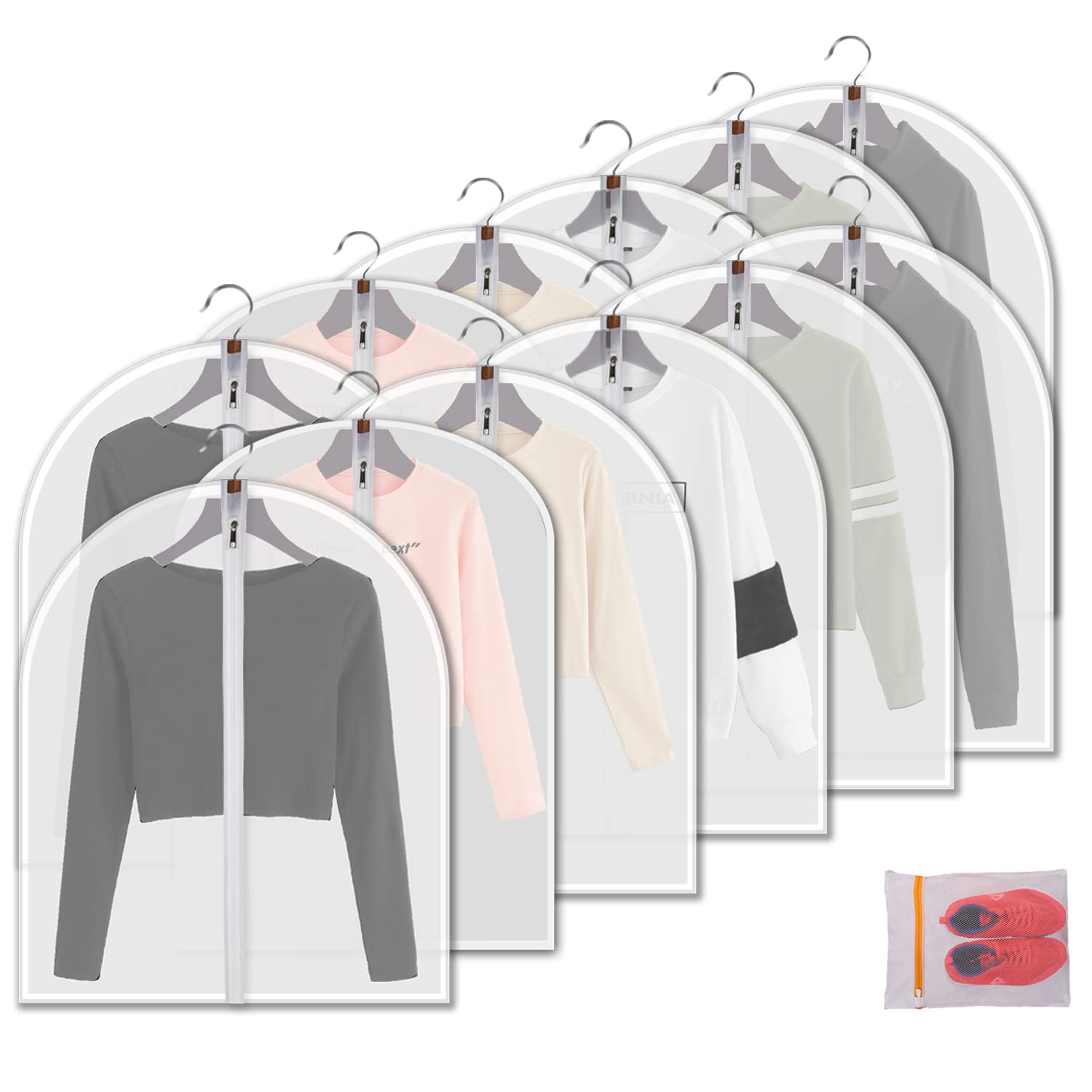MsKitchen Clear Garment Bags Clothes Covers Protecting Dusts (Set of 12) for Storage Plastic Garment Bags Hanging Clothes Bags D