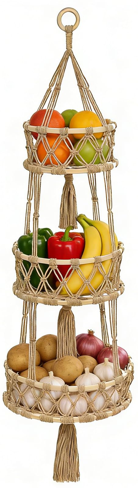 Halidali 3 Tier Hanging Fruit Baskets for Kitchen, Macrame Plant Hanger Cotton Rope Handwoven Hammock Produce Storage Organizer 