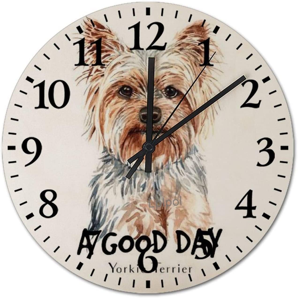 LetusZhogo Watercolor Portrait of A Yorkie Terrier Dog Wall Clock, 12 Inch Round Silent Non-Ticking Wall Clock Wooden Time Clock