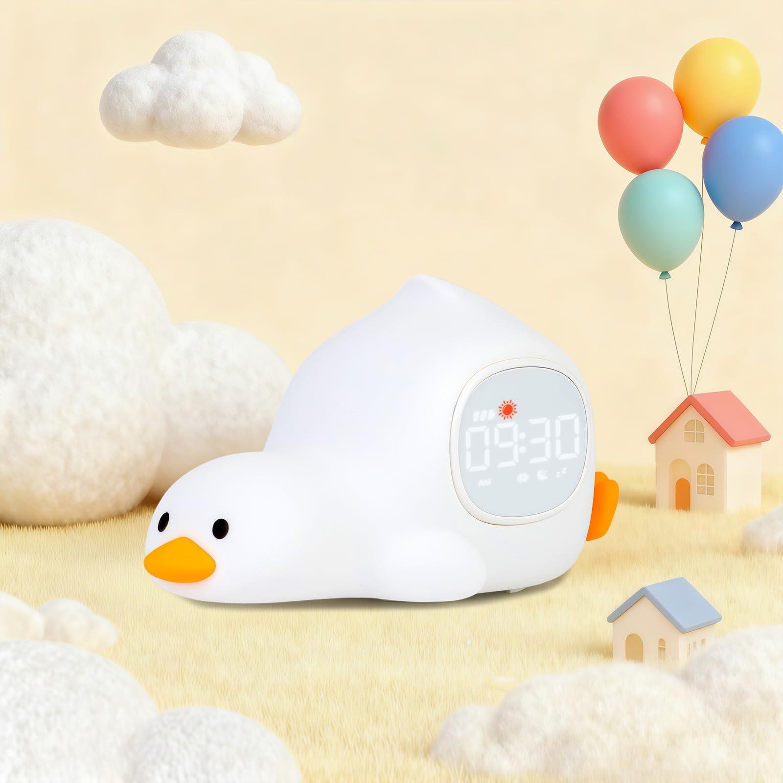 Laying Duck Alarm Clock with Night Light for Kids with Sleep Training and Sound Machine, Rechargeable Silicone Lamp OK to Wake C