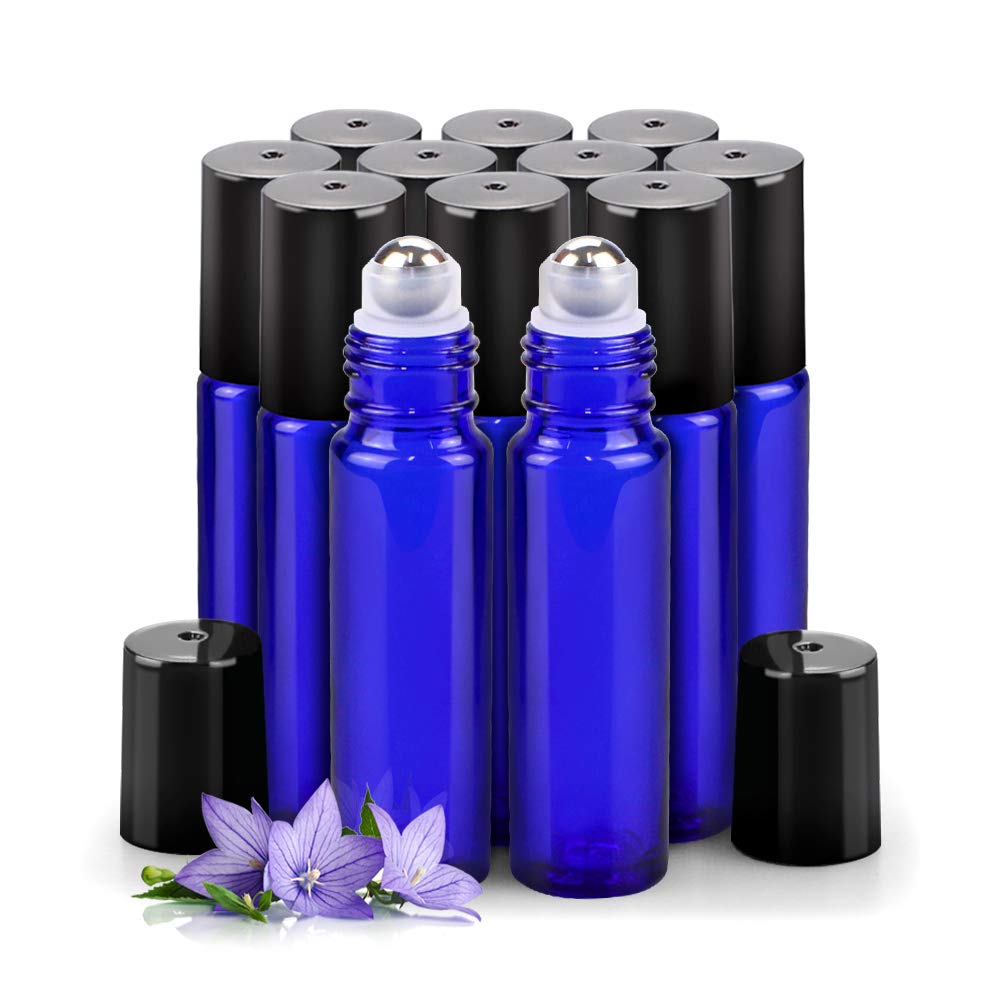 Sungwoo 12 Pack Essential Oil Roller Bottles, 10Ml Blue Glass Roller Bottles With Stainless Steel Roller Balls And Caps For Trav