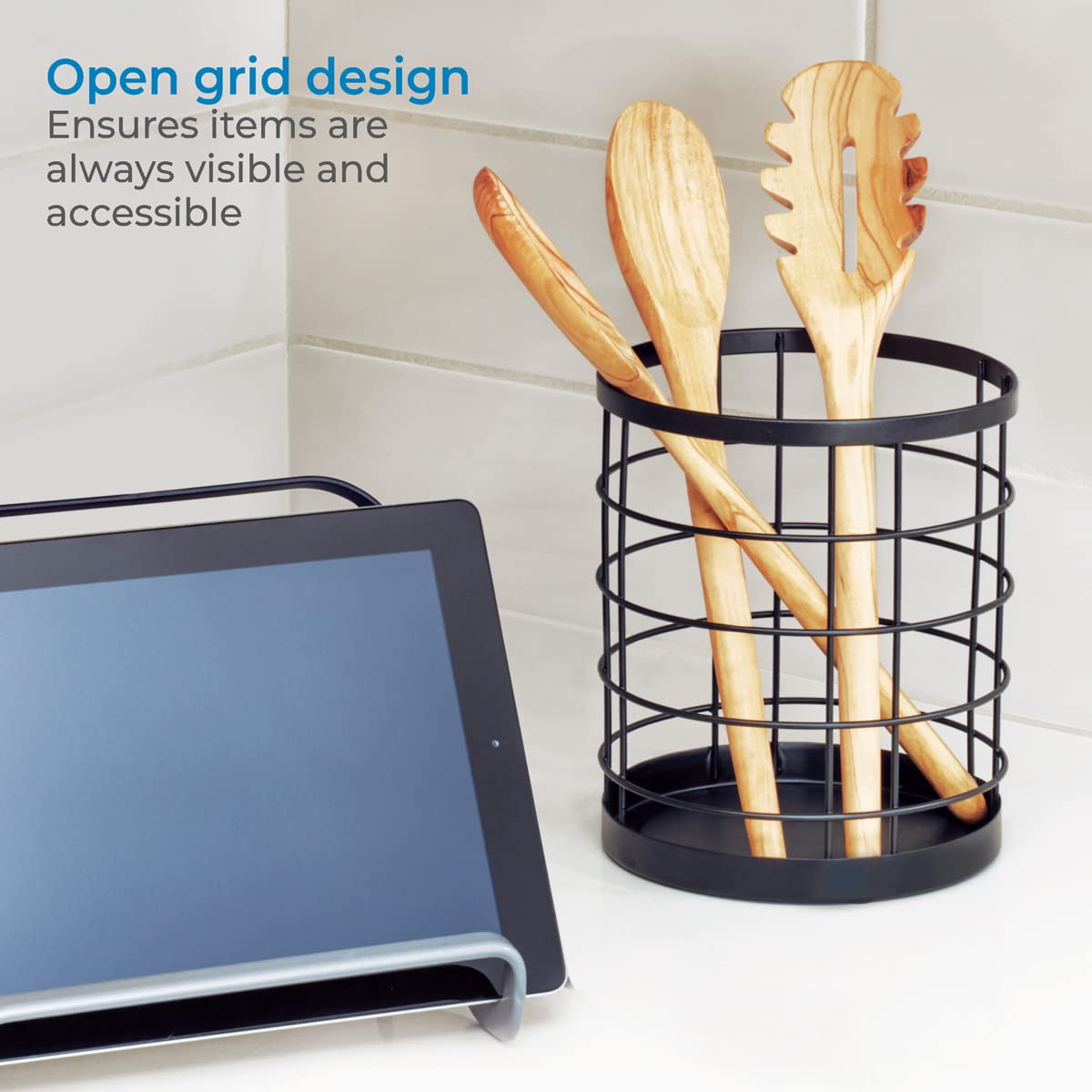 Idesign Wire Utensil Holder For Kitchen Counter, The Austin Collection - 6 X 6 X 7, Matte Black