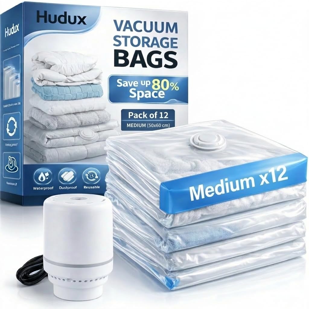 Hudux 12 Pack Medium (50X60Cm) Vacuum Compression Zipper Storage Bags With Electric Pump,Space Saver Storage Bags For Travel,For