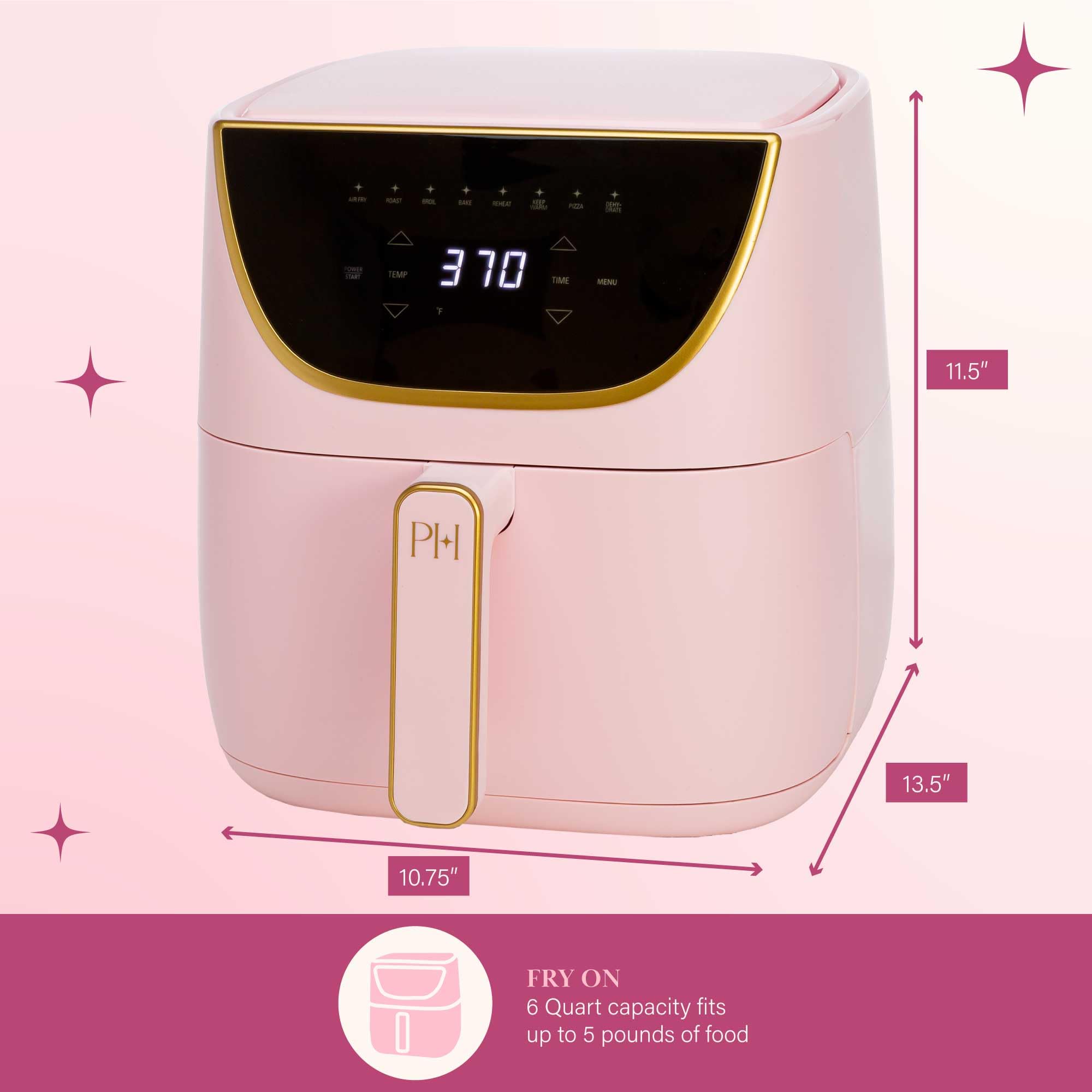 Paris Hilton 6-Quart Air Fryer, Touchscreen, Nonstick, 8-in-1 Functions, Dishwasher Safe, Pink, Model PH11921