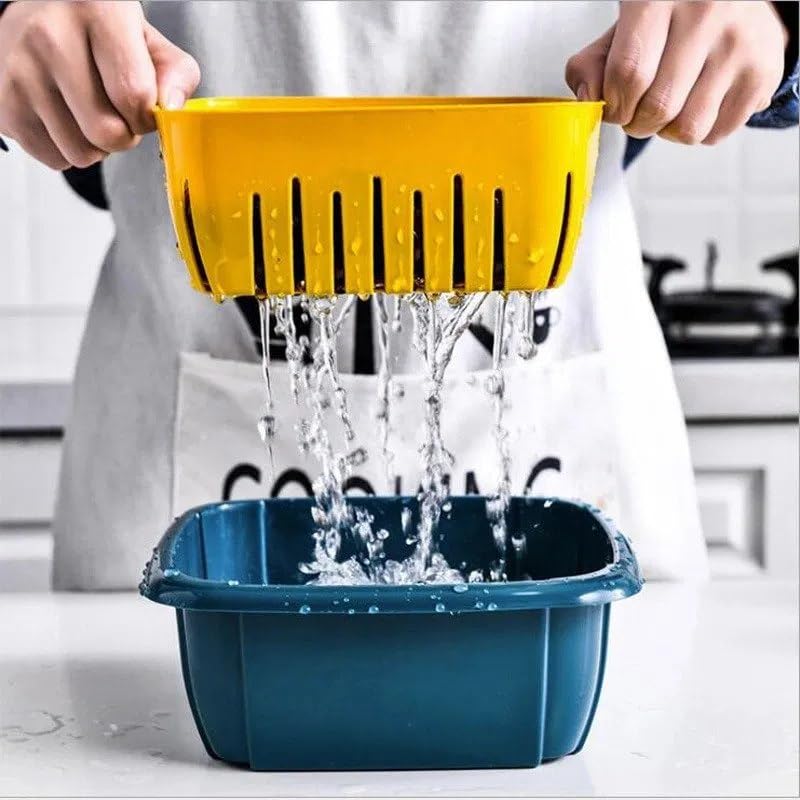 Tosaa Vegetables Fruit Wash Double Drainer Bowl Basket For Kitchen With Lid, 3 In 1 Kitchen Sink Sieve For Washing Cleaning Food