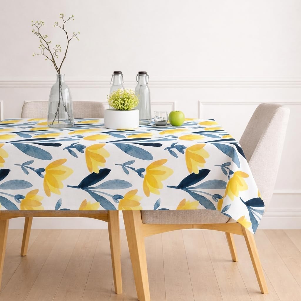 STITCHNEST Floral Printed PolyCotton Center Table Cover  Vibrant Yellow & Grey Rectangle Tablecloth for Coffee & Centre Table 