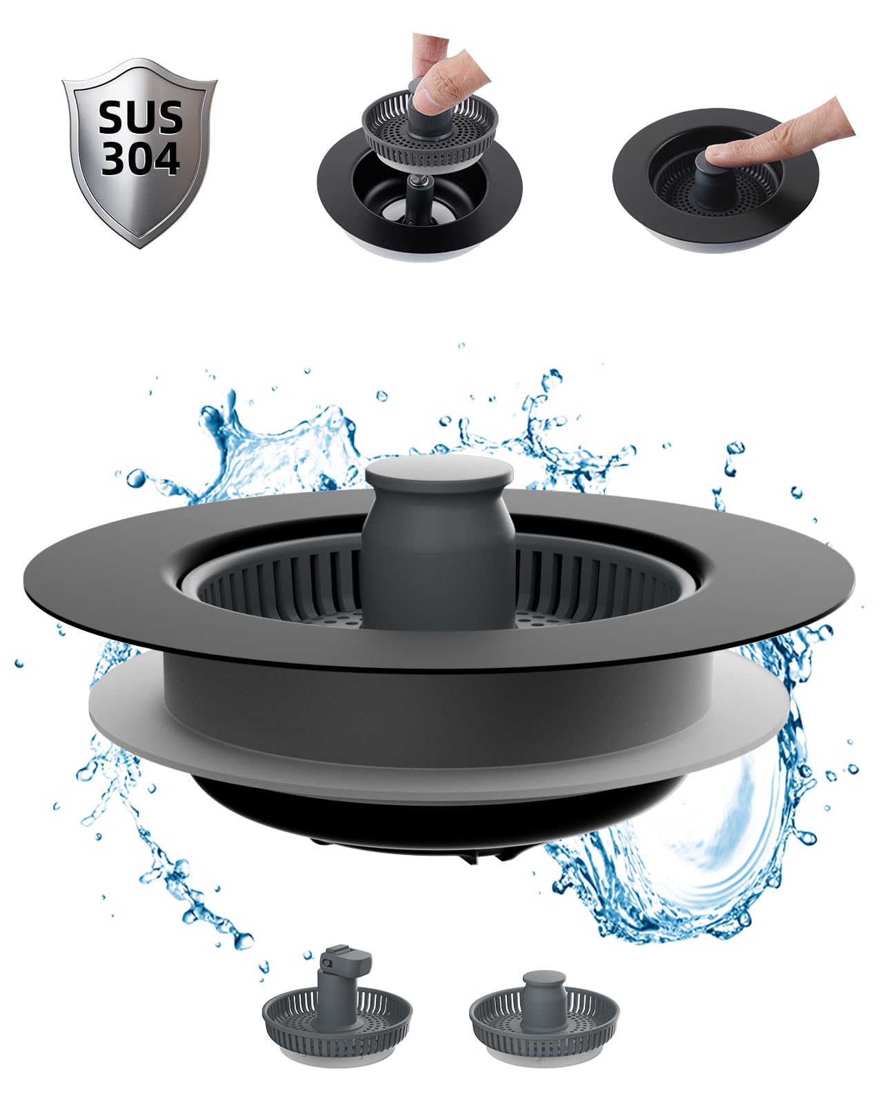 Hibbent Upgraded 3 In 1 Kitchen Sink Drain Strainer And Stopper Combo, Stainless Steel Metal Pop Up Sink Stopper, 3 Anti-Cloggin