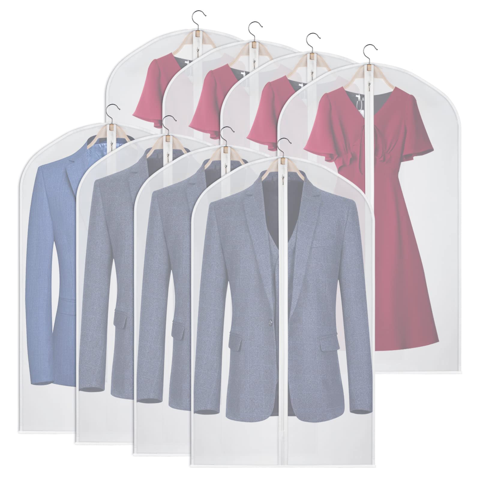 Kntiwiwo Garment Bags Clear Suit Bag For Closet Storage Set Of 8 Hanging Clothes Dress Cover Bags Dust-Proof With Zipper For Sui