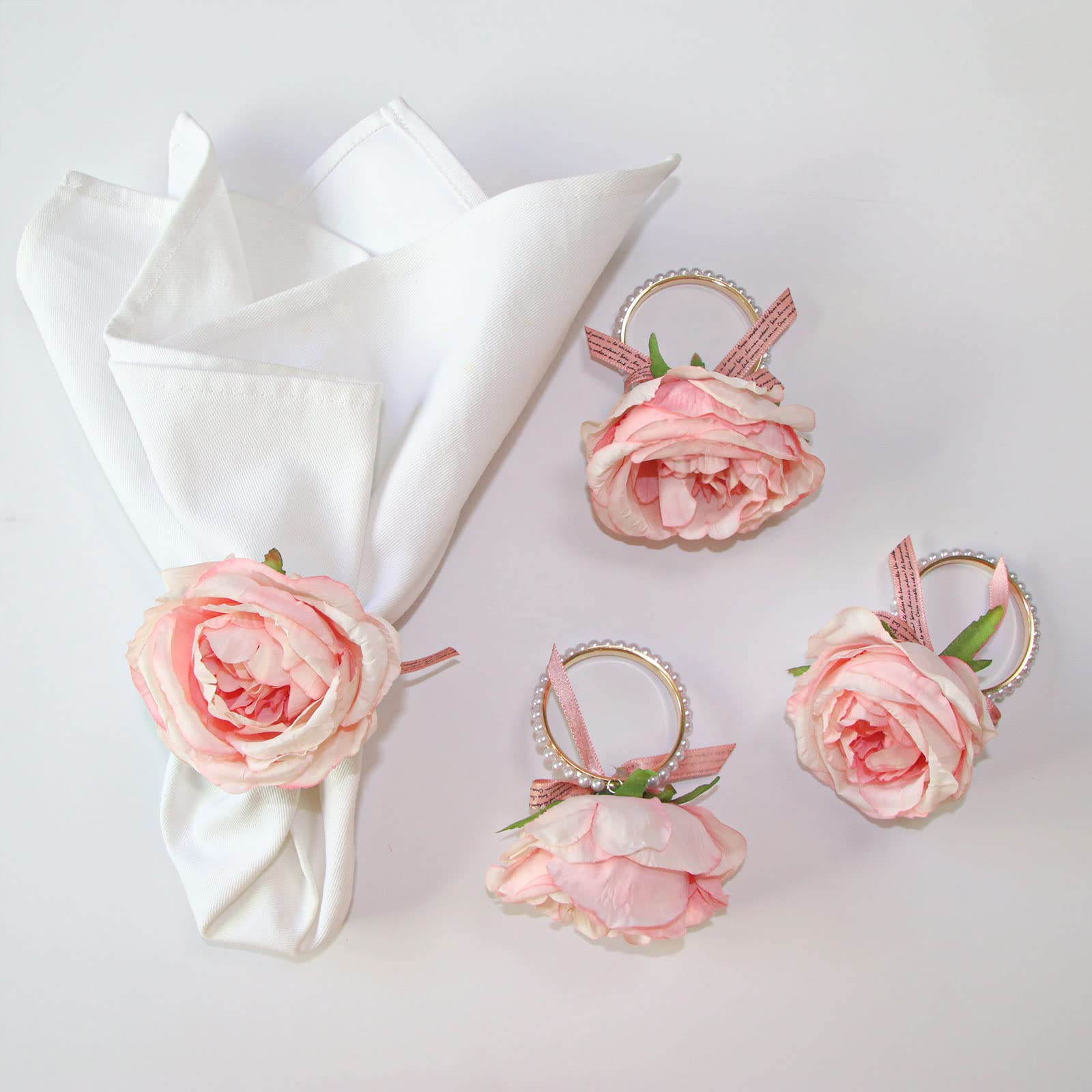 Getfitsoo Pearl Napkin Rings Set Of 6, Rustic Rose Napkin Rings Flower Dinner Napkin Holder For Mother'S Day,Wedding,Dinners,Par