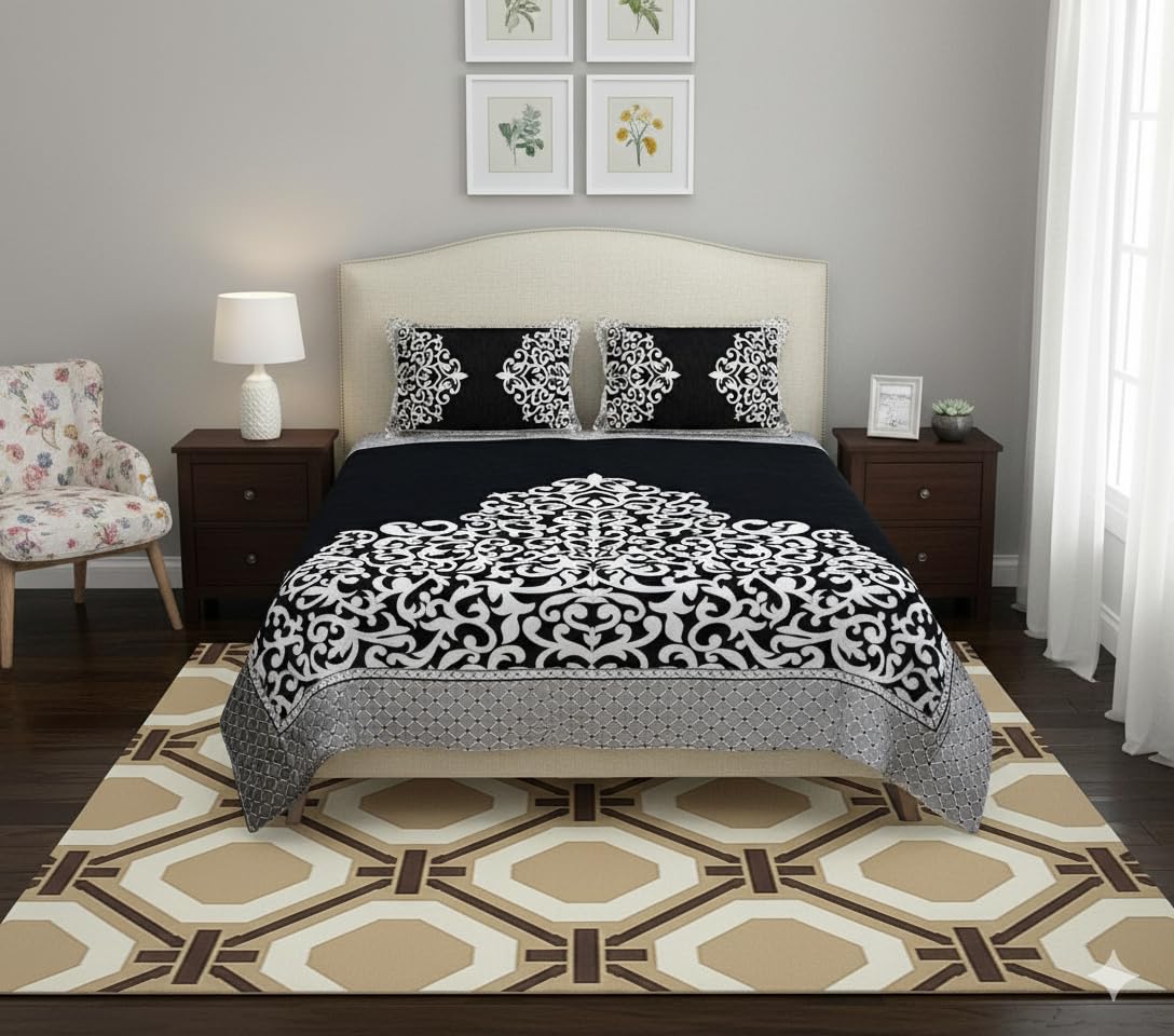 Fresh From Loom Double Bed King Size 500 Tc Bedsheet Cum Bed Spread, Chenille Velvet Fabric With 2 Pillow Cover, Color Black, Si