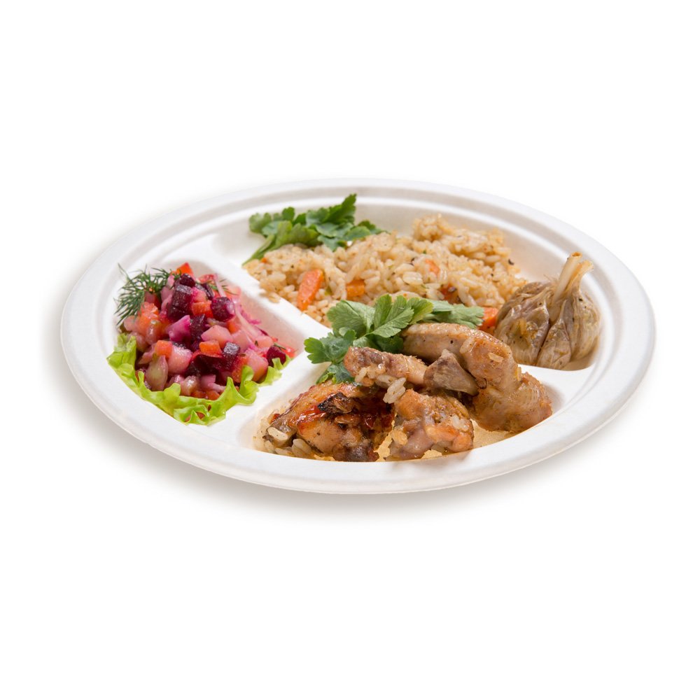 Restaurantware Bagasse Three Compartment Plate Round Compartment Plate Party Plate - 10'' - Durable All Natural Premium Disposab