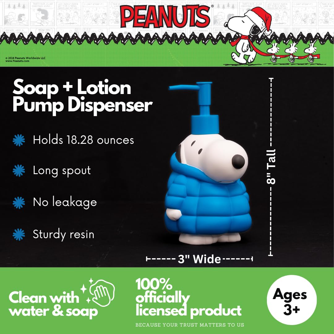 Peanuts Snoopy Puffer Coat Holiday Christmas Soap/Lotion/Hand Sanitizer Resin Pump Dispenser, 17.24 Ounces, (Officially Licensed