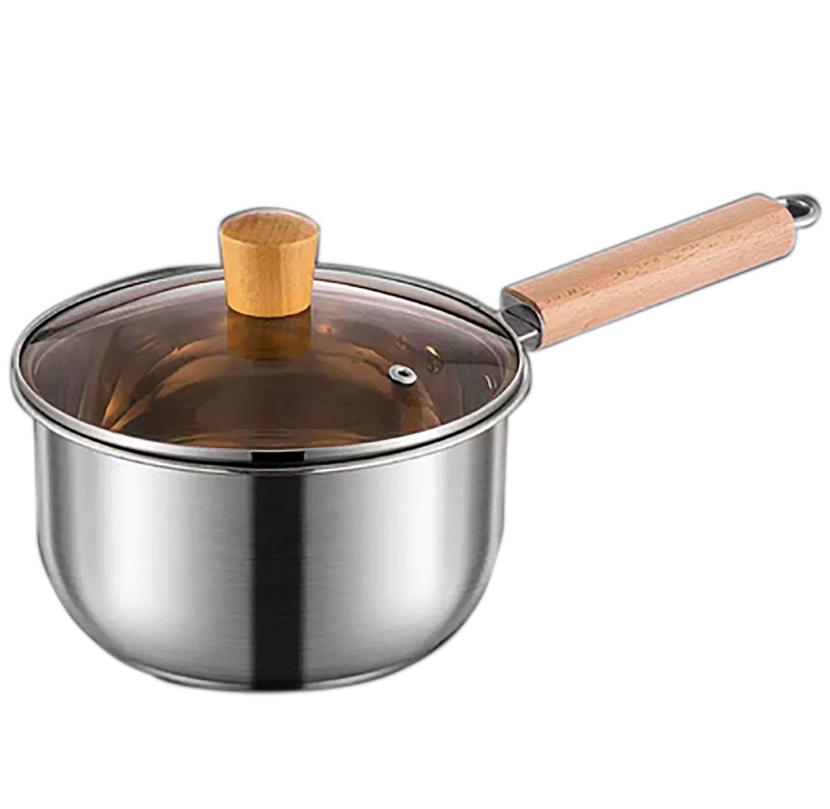 Thickened Milk Pot, 1.3 Quart Long Handle Stainless Steel Saucepan with Wood Lid for Cooking, Boiling Milk, Spaghetti, Soup in K
