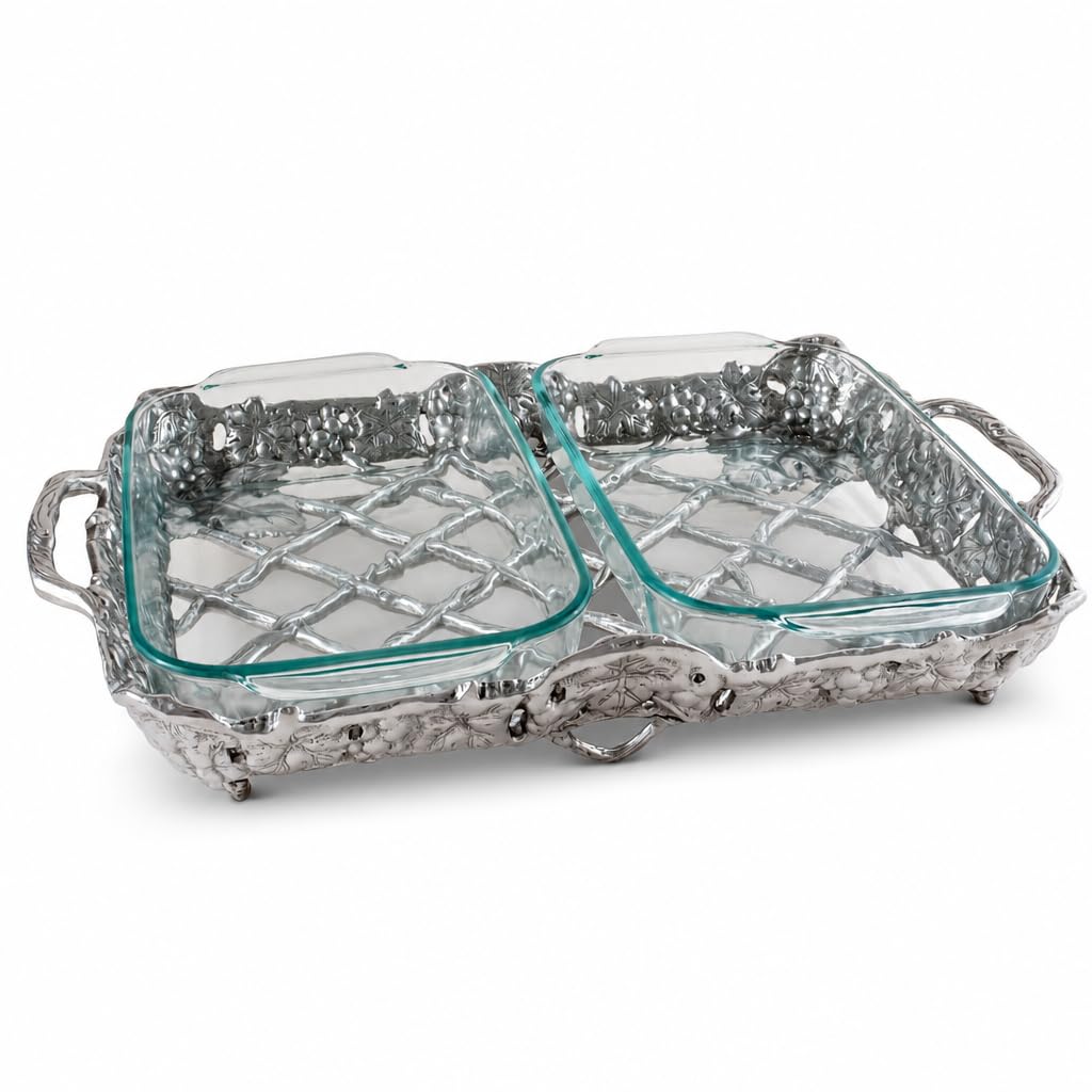 Arthur Court Grape Pyrex Casserole Dish Holder Sand Cast Aluminum 14.75 Inch 2 Quart Removable Glass Dish