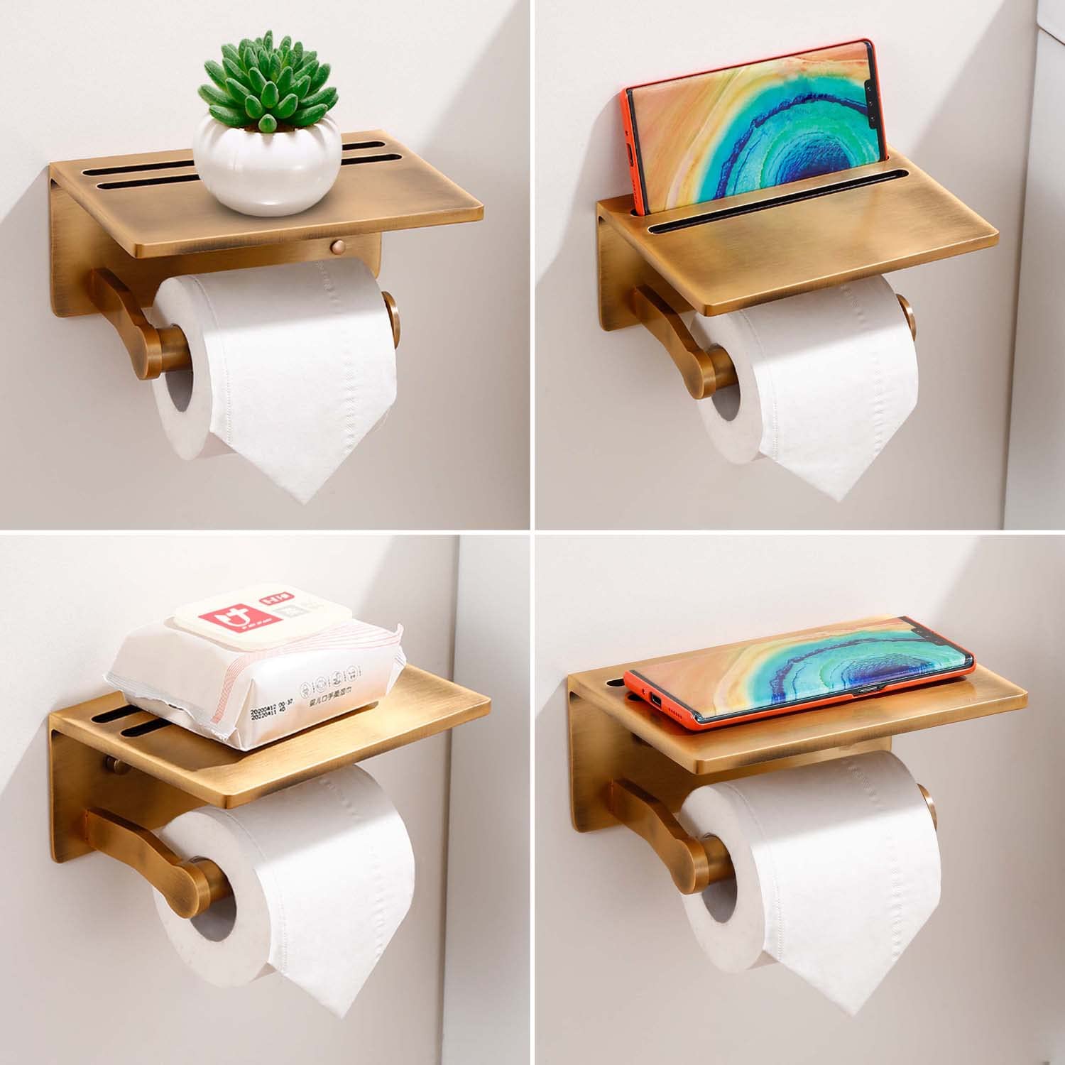 Smarthome Toilet Paper Holder with Shelf  Aluminum Tissue Roll Dispenser with Mobile Phone Storage Shelf for Bathroom  3M Self Adhesiv or Wall-Mounted with Screws  Antique Brass